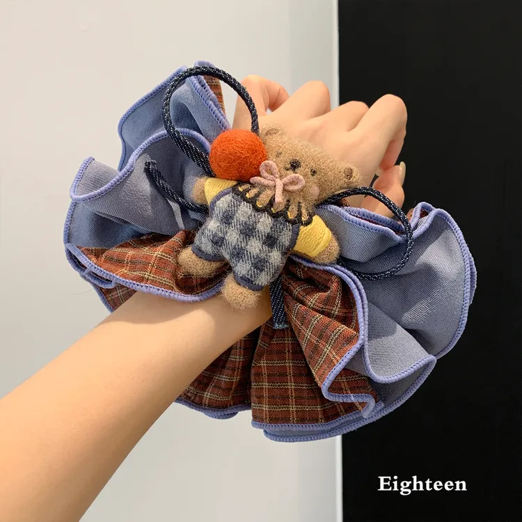 韩系牛仔格子蝴蝶结小熊大肠发圈女慵懒风扎头发超大发饰头绳秋冬