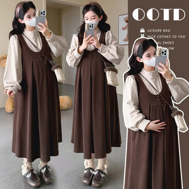 2025冬季新款加绒打底衫+灯芯绒背带裙两件套孕妇装宽松大码春秋