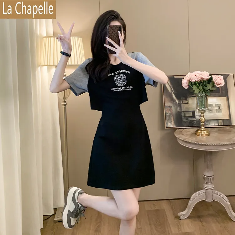 拉夏贝尔欧货假两件休闲连衣裙新款收腰显瘦小众设计感短袖T恤裙