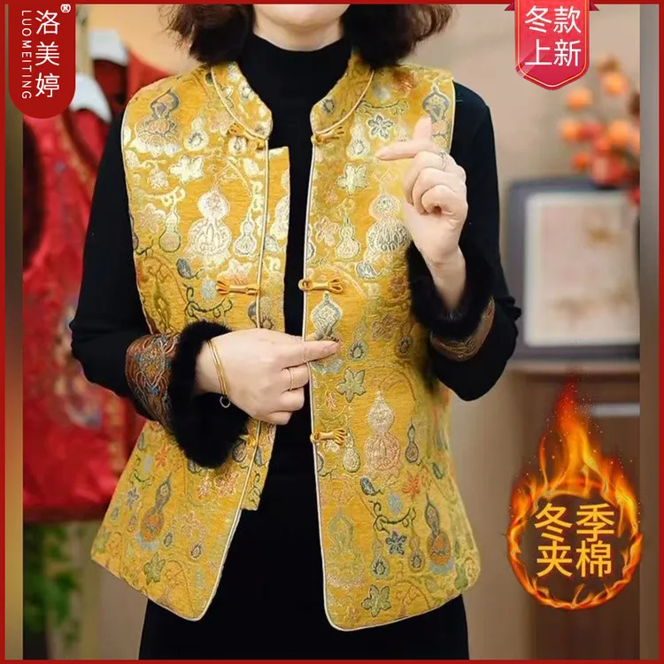 加棉2025秋新复古文艺马甲显瘦中长款印花碎花马甲遮肚时尚妈妈装