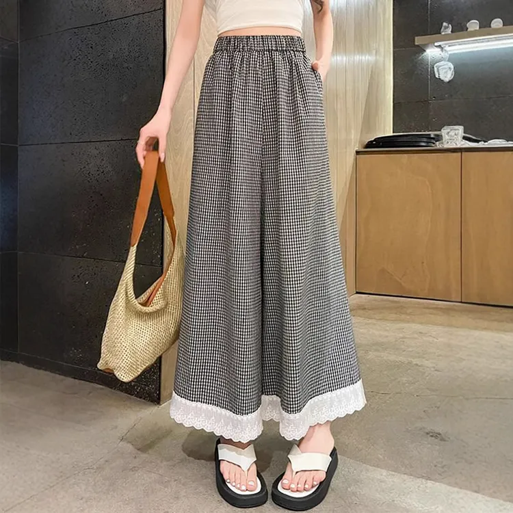 蕾丝花边格子阔腿裙裤女夏季宽松高腰垂感休闲裤小个子直筒九分裤