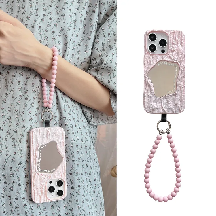 少女心粉色浮雕镜面适用苹果16pro手链珠iphone15/14/13/12手机壳