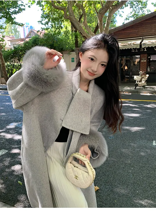 可拆卸大袖毛围巾领双面毛呢外套女中长款气质小香风秋冬呢子大衣