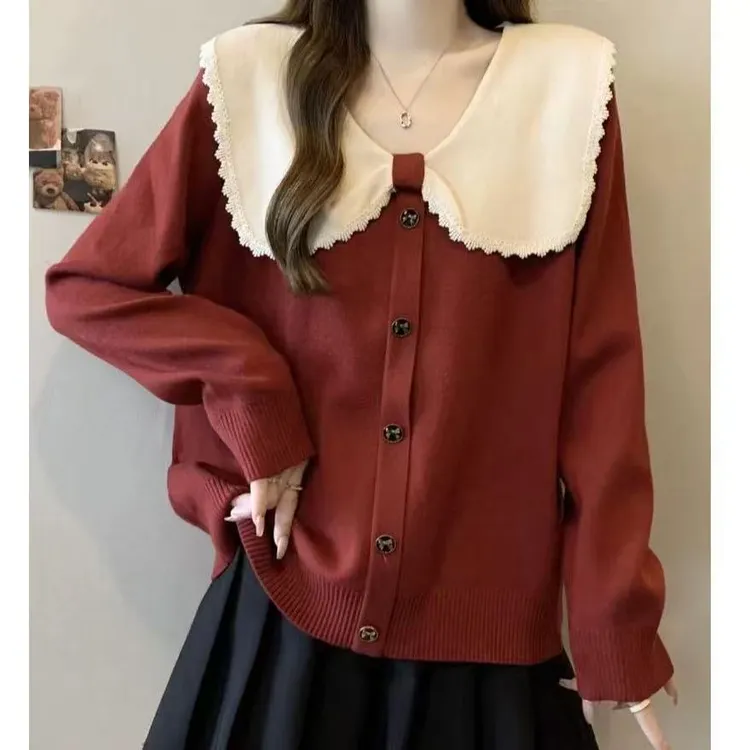 大码女装法式小香风减龄娃娃领毛衣女秋冬胖妹妹宽松显瘦针织上衣