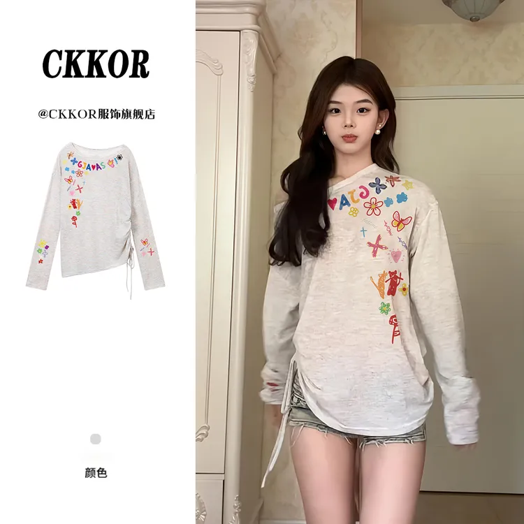 CKKOR美式复古印花长袖t恤女夏日露肩抽绳防晒罩衫辣妹慵懒风上衣