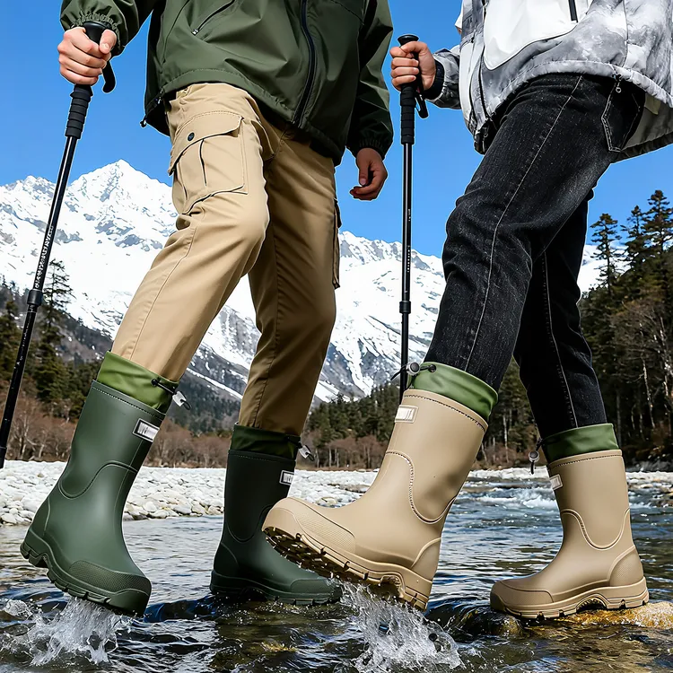 汐鲤男女防滑保暖雨鞋中筒冬季加绒一体绒雨靴轻便钓鱼厚底防水靴