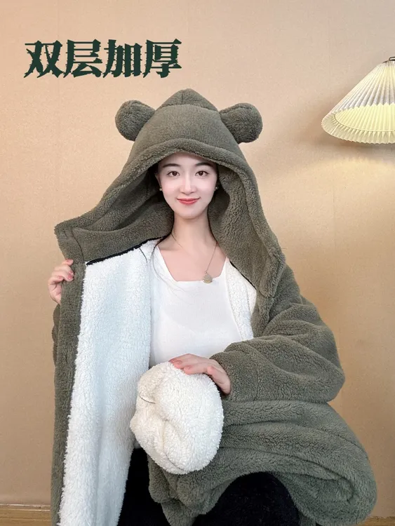 灰绿色深冬双层连帽中长款加绒加厚保暖家居服睡衣睡袍情侣款大码