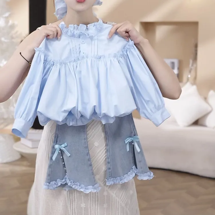 女童秋装2025衬衫新款小女孩上衣洋气儿童衬衣宽松娃娃衫牛仔裤女