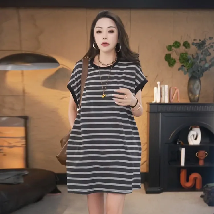 时尚拼色圆领慵懒风短袖t恤女夏季宽松慵懒风显瘦休闲中长款上衣