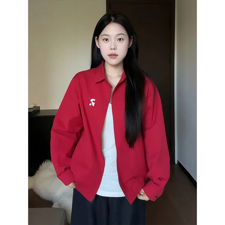 刺绣高级感红色夹克女美式复古百搭休闲外套男潮牌拉链情侣棒球服