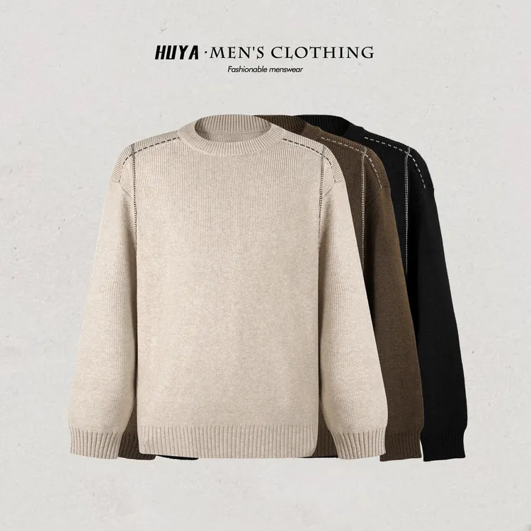 虎牙兄弟男士毛衣2025冬明线拼接设计感宽松百搭圆领针织衫M7059