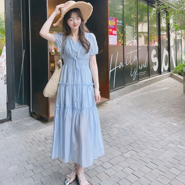 932高腰短袖精致气质夏季连衣裙显瘦时尚气质长裙