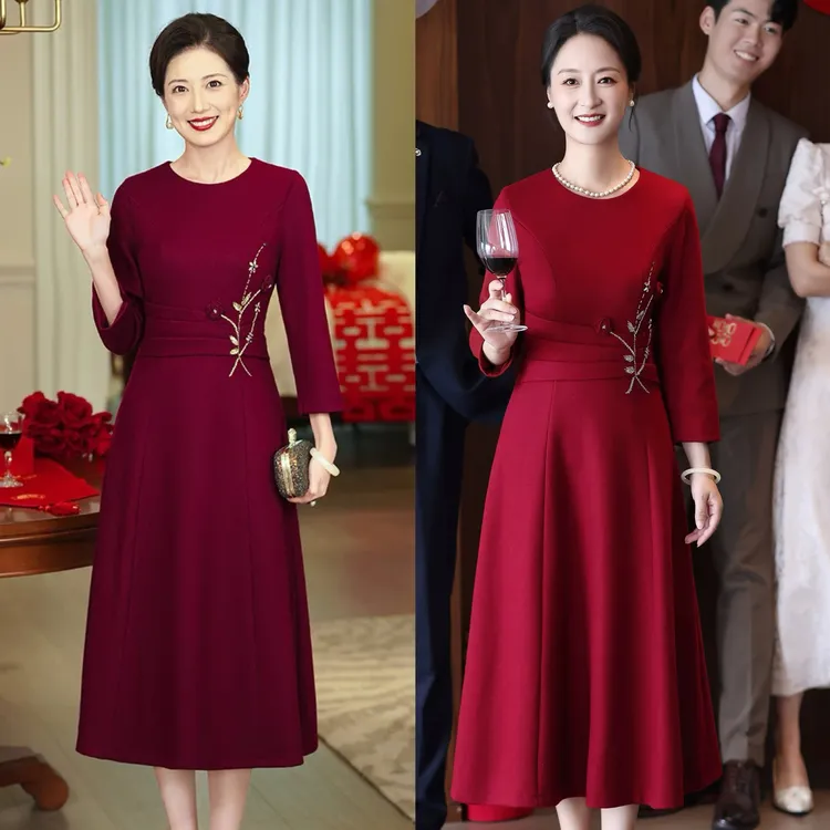 【冬季羊毛】2025加厚保暖长袖紫红礼服裙喜婆婆妈妈婚宴加厚优雅S