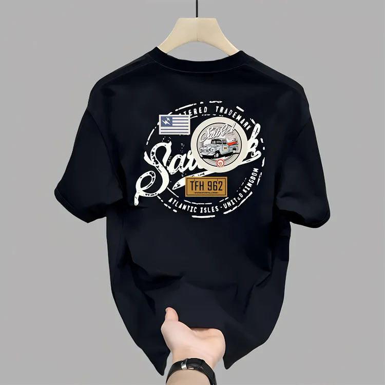 纯黑色男式短袖t恤 2025夏季新款圆领休闲百搭弹力印花男士上衣