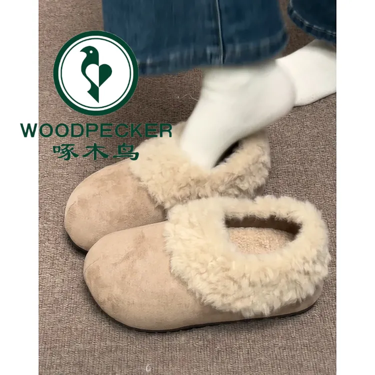 啄木鸟白色加绒加厚复古厚底雪地棉鞋女2025新款外穿保暖毛毛勃肯