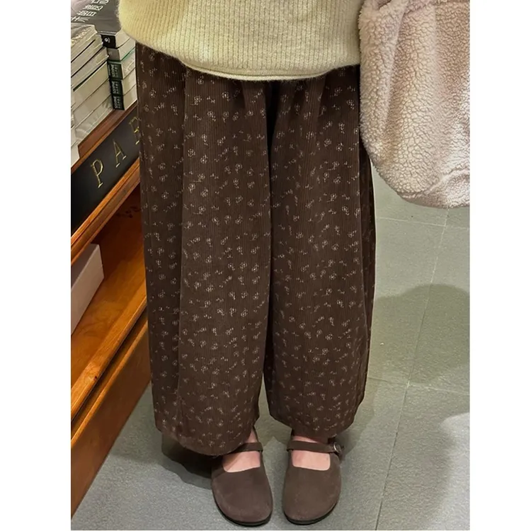 大码加绒美拉德棕色碎花直筒阔腿休闲裤女冬季宽松遮胯百搭九分裤