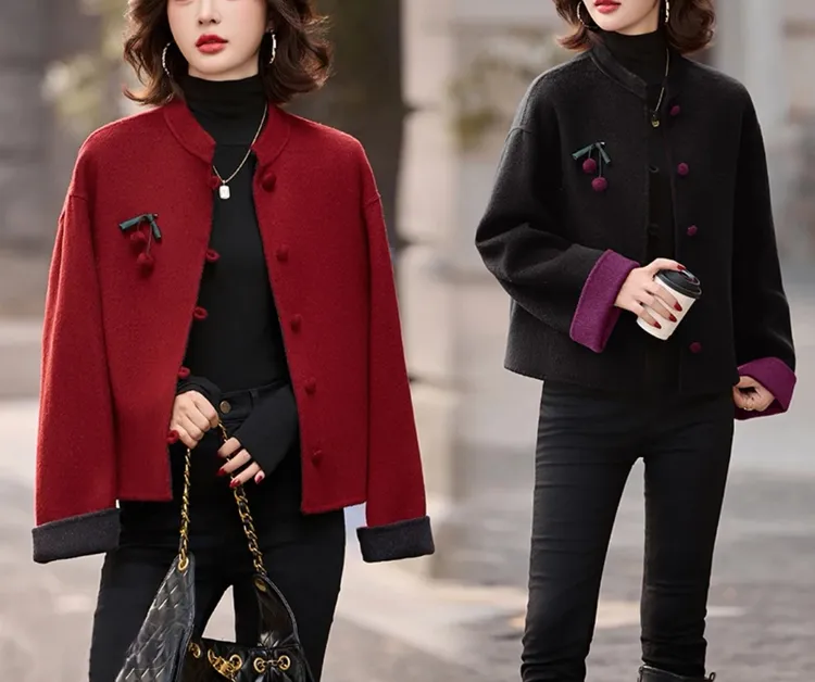 【现货】樱桃款圆下摆国风立领网红短款复古纯手工缝制双面羊毛外套