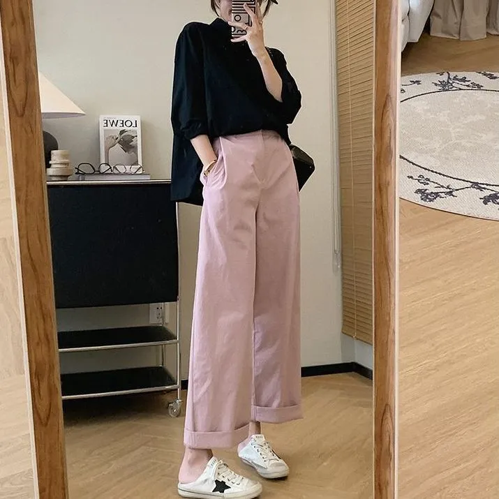 韩系高腰休闲裤女秋季新款百搭遮胯阔腿裤松弛显瘦小个子直筒裤子