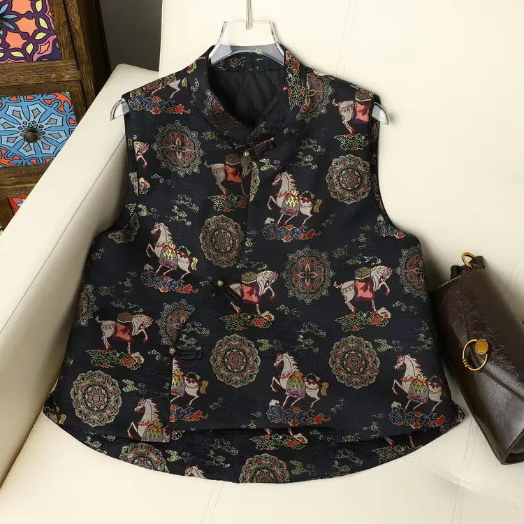 7170优雅风唐装马夹时尚提花复古透气双面纽扣工字型款