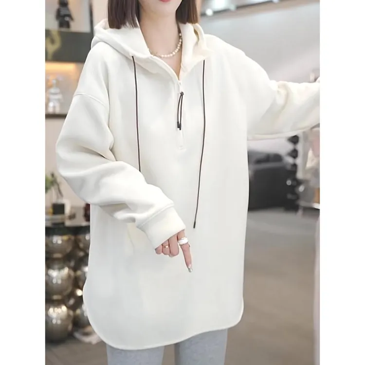 欧货加绒加厚半拉链连帽卫衣女2024冬季新款简约时尚宽松百搭上衣