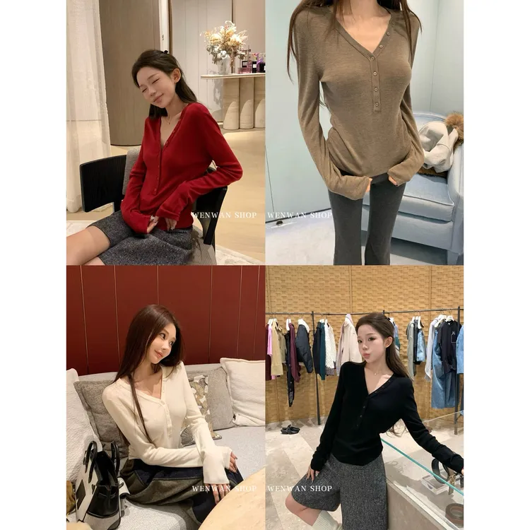【W能打底】4色！墙推～四色V领排扣针织打底衫