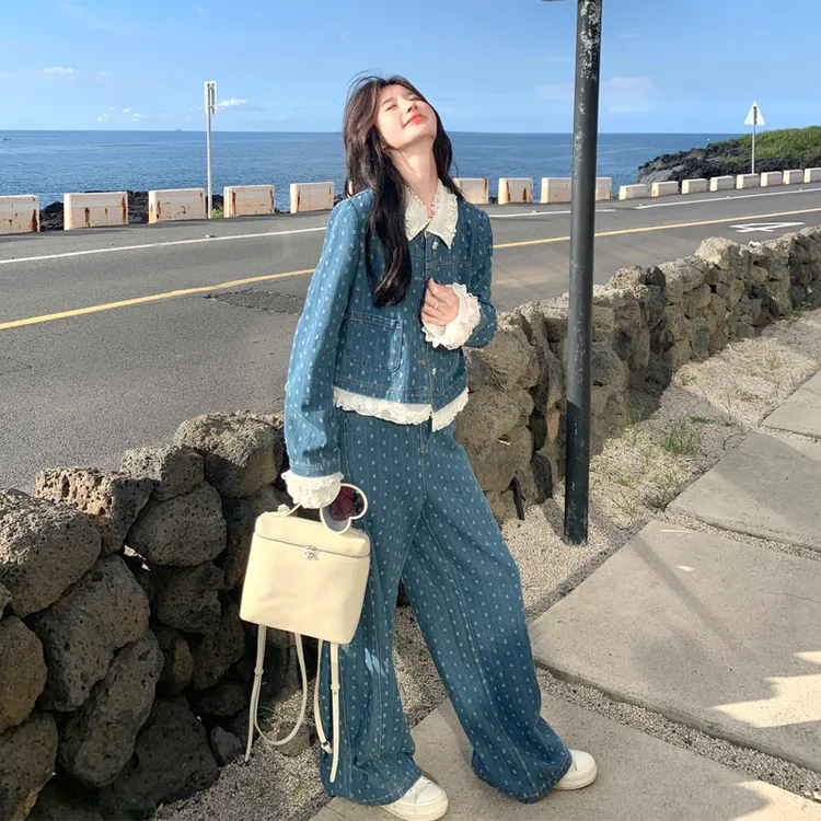 复古甜酷风蕾丝花边牛仔套装裤2025春秋新款气质显瘦松弛感两件套