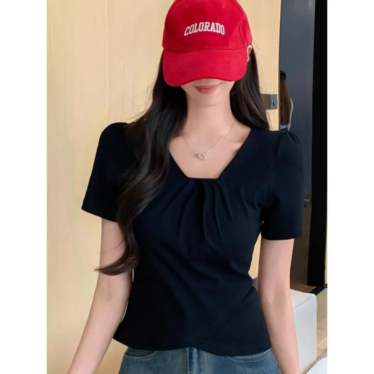 春游出行正肩短袖法式独特别致小上衣胖妹妹微胖大码女装洋气穿搭