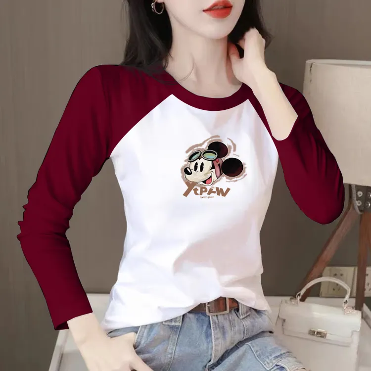 拼色插肩长袖t恤女春秋季修身显瘦内搭打底衫洋气减龄正肩上衣ins