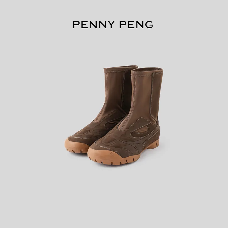 PENNYPENG 赛车靴 黑标系列秋冬潮流时尚百搭复古圆头牛皮靴短靴