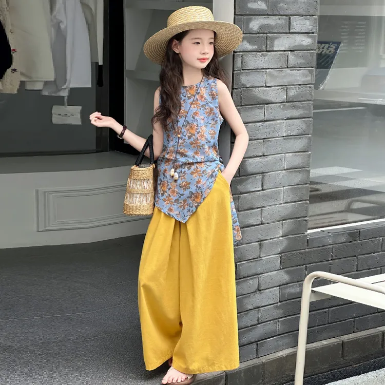 女童夏季穿搭一整套碎花印花套装儿童无袖背心上衣阔腿裤两件套潮