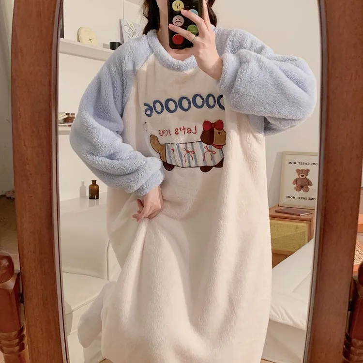 珊瑚绒睡裙女加大码可爱秋冬季保暖加厚睡衣中长款孕妇宽松家居服