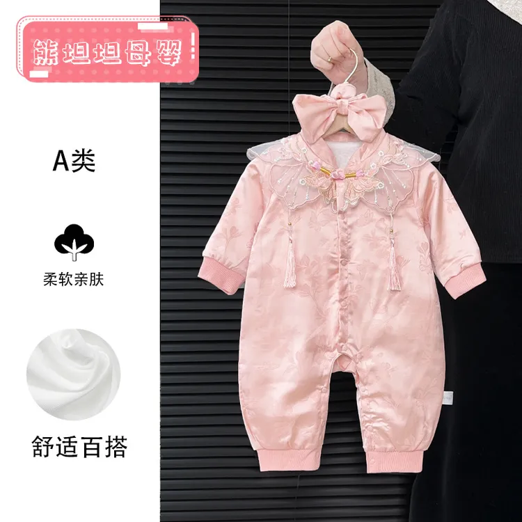 婴儿衣服春装宝宝百天周岁礼服婴幼儿国风抓周连衣春秋中式爬服