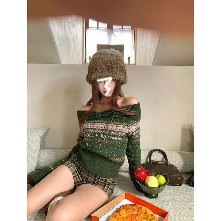 【美式费尔岛】6-8运补一字肩圣诞毛衣女秋冬修身显瘦针织衫上衣