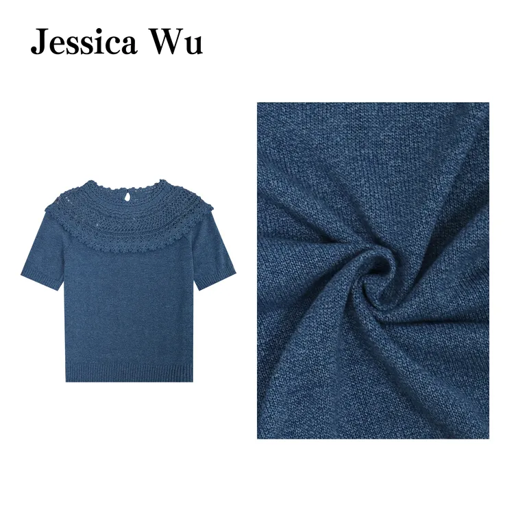 JESSICA WU恣意时光~日本进口和纸纱挑孔镂空优雅百搭针织短袖