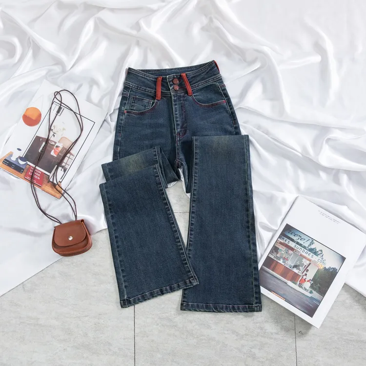 喇叭裤新款高腰微喇裤牛仔裤安可拉红新款2025弹力修身瘦百搭女款