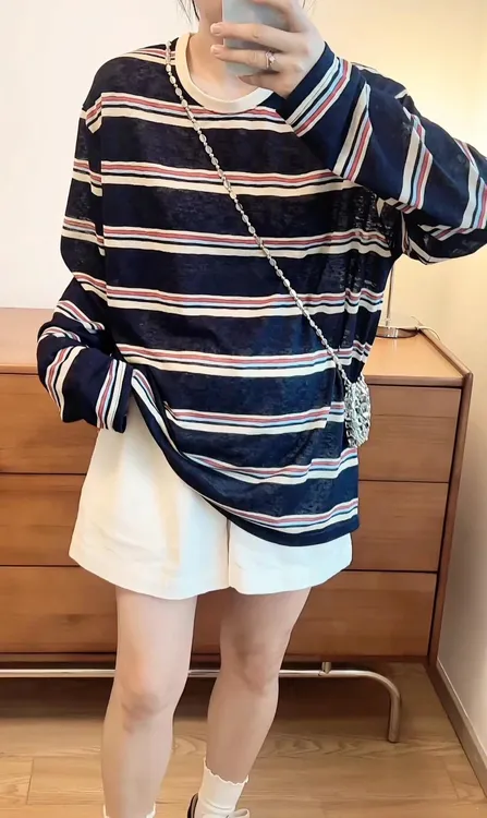 东大门~撞色条纹长袖圆领T恤韩版休闲防晒罩衫百搭套头春秋打底衣