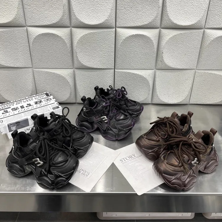 广州欧货【黑武士】冬季加绒新款绑带潮流拼色7cm厚底老爹鞋韩版