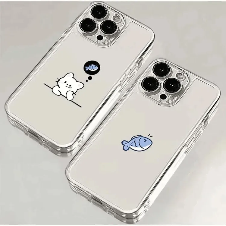 情侣猫咪想鱼适用iPhone16手机壳华为荣耀透明小米15VIVO防摔红米