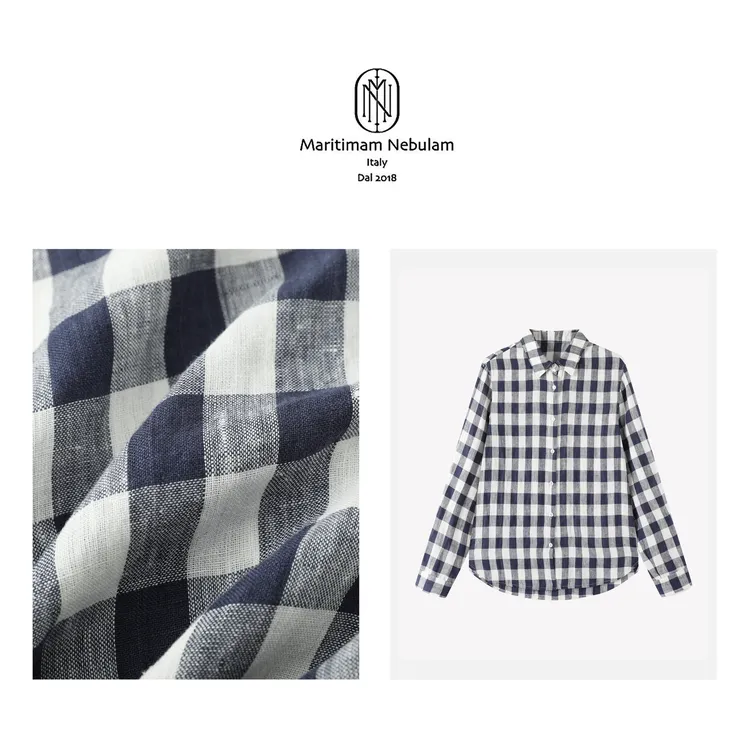 Maritimam Nebulam【隐格叙事】亚麻透气藏蓝色格纹翻领衬衫 SZ1991