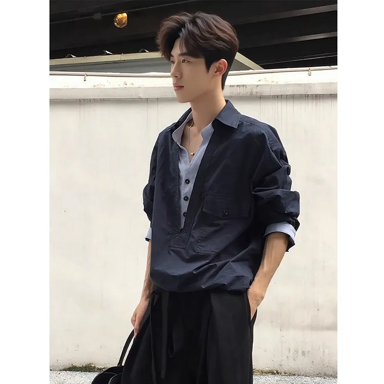 藏青色假两件V领衬衫男高级感痞帅韩系长袖衬衣cleanfit工装外套