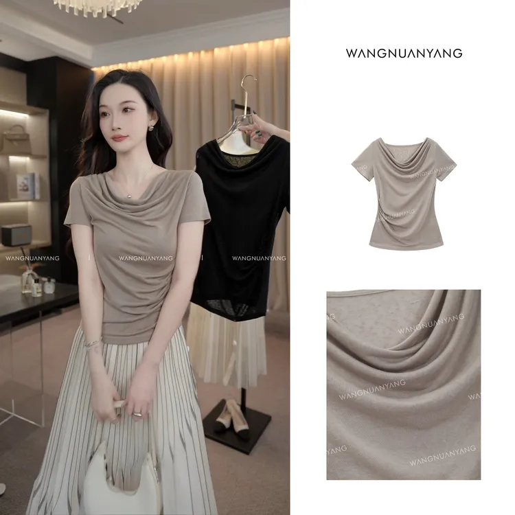 【王暖阳】杂志街拍|夏季设计感荡领莱赛尔天丝轻薄褶皱小衫-Q