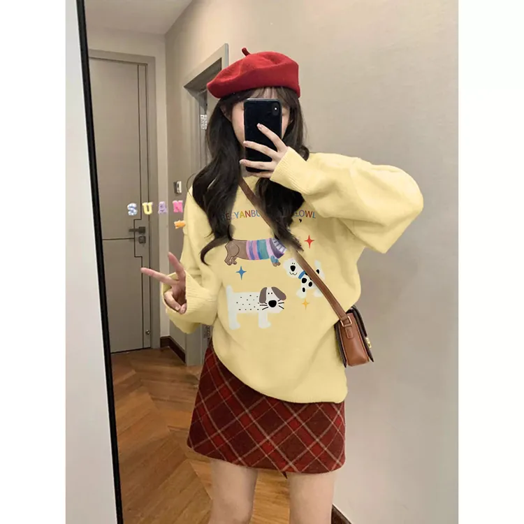 胖mm300斤黄色圆领毛衣女秋冬软糯奶fufu韩系穿搭宽松针织上衣