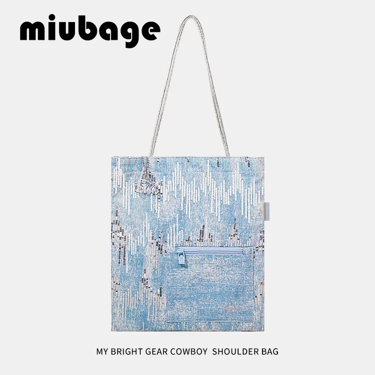 麦贝佳帆布包复古牛仔闪片大容量通勤慵懒风托特上班包单肩包