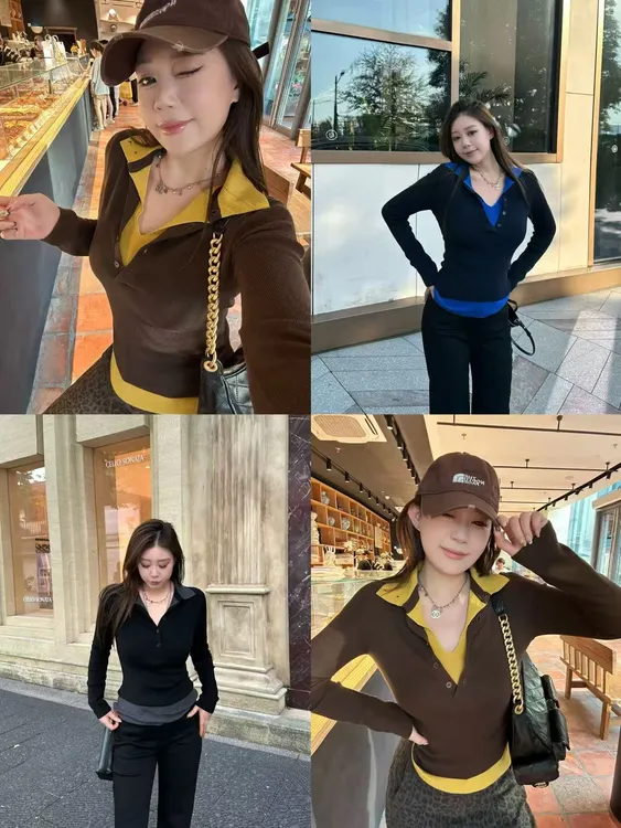 琪琪怪怪大码女装【高智出街】假两件撞色拼接百搭针织上衣T18071QQ