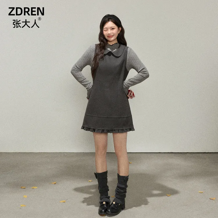 张大人【安妮霍尔】大码女装微胖妹妹灰波点打底衫搭配娃娃领连衣裙