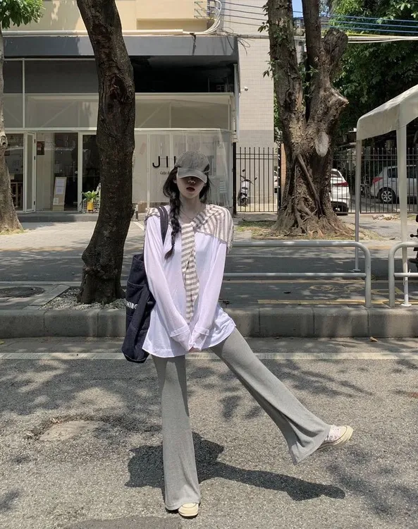 慵懒风薄款T恤叠穿条纹披肩女2025秋季宽松显瘦休闲裤长裤三件套