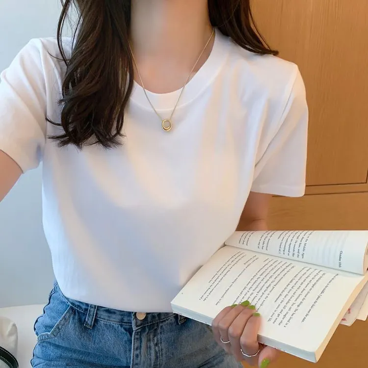 正肩短袖T恤女夏2025年新款白色圆领内搭夏季纯色百搭打底衫上衣