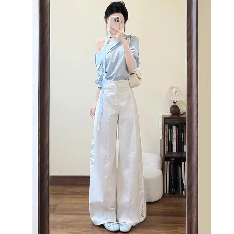 夏装一整套气质女神范高级感重要场合巨好看减龄蓝色斜襟衬衫套装
