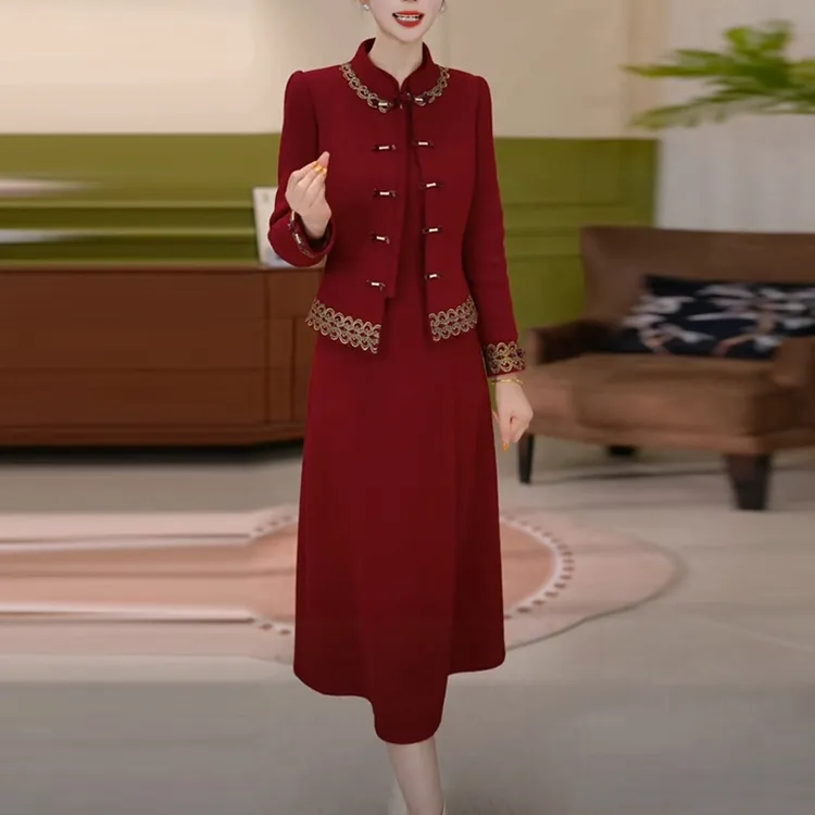 雪尼尔绒夹棉加厚套装裙2025秋冬季新款红色中国风两件套连衣裙子
