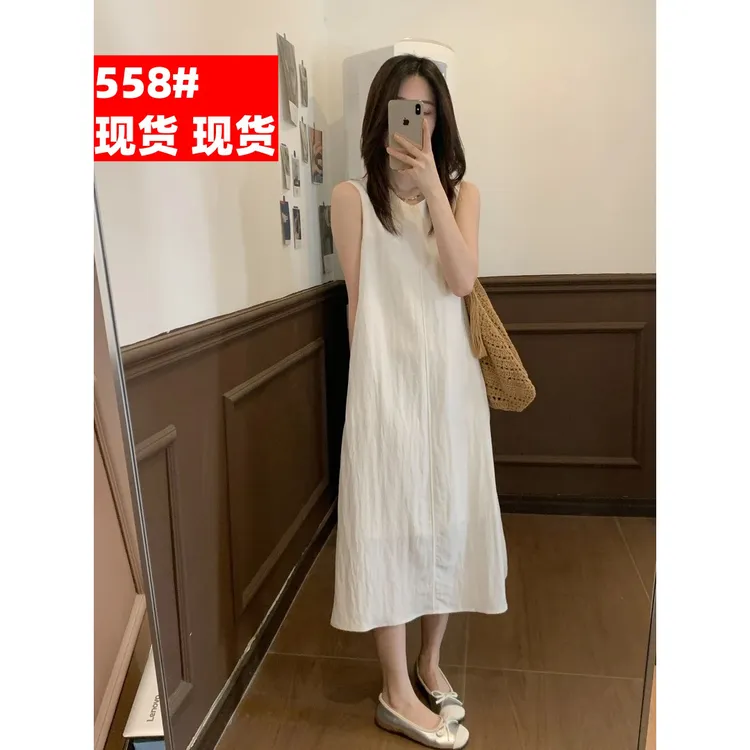 气质法式宽松中长款无袖纯色设计感连衣裙大码显瘦白色时尚夏季